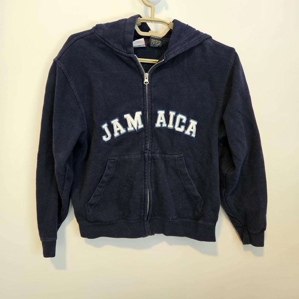 Y2K Jamaica Full Zip Hoodie Small Navy Blue Embroidered Spell Out Vacation